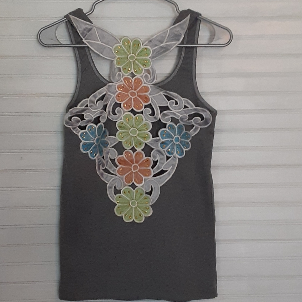 Grey Tank w/ Back Flower Detail
